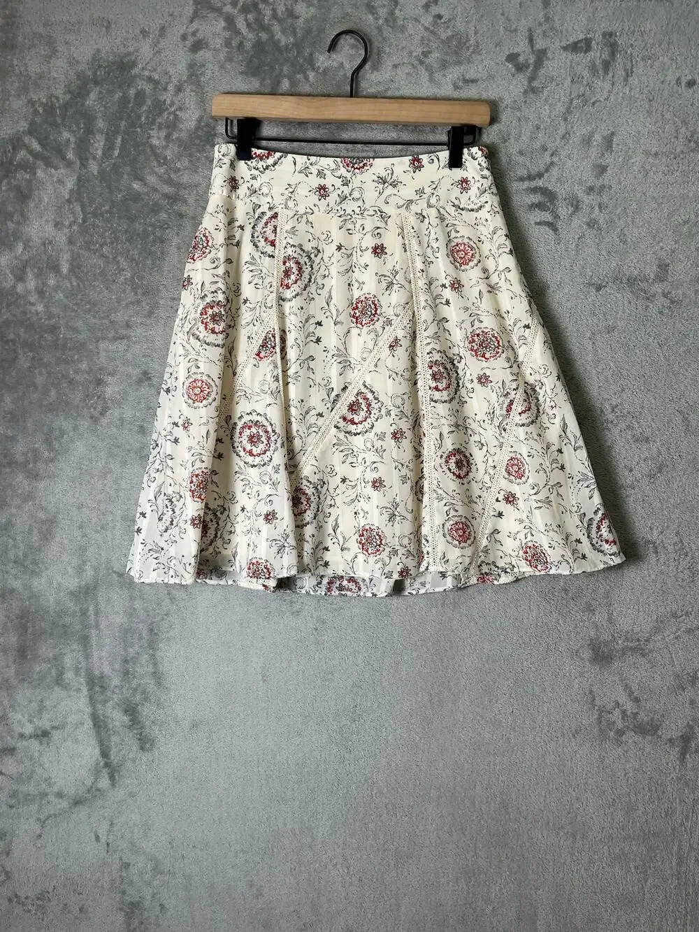 Vintage Cream Floral Paisley Wrap Skirt Lace Trim Cottagecore Boho Prairie 4‎